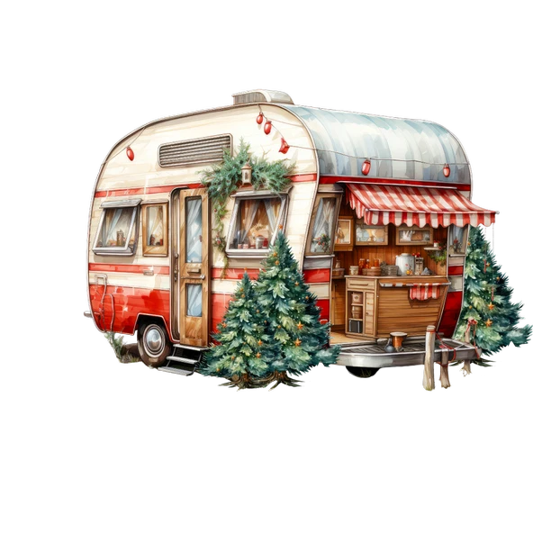 Noel Ağaçları ve Kırmızı Tenteli Karavan Duvar Çıkartması - Resim 2