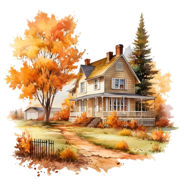 Yemyeşil ve Turuncu Ağaçlı Sonbahar Evi Duvar Stickerı - Resim 2