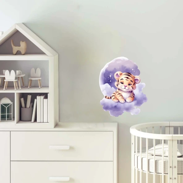 Mor Ay ve Bulut Üzerinde Oturan Sevimli Kaplan Yavrusu Duvar Çıkartması ürün görseli 1
