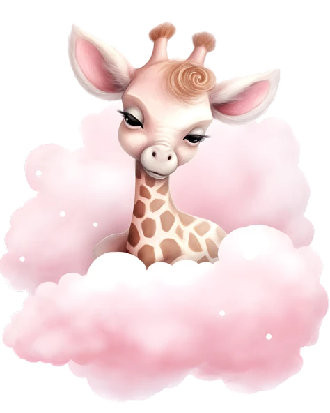 Pembe Bulutlar Arasından Bakan Sevimli Zürafa Duvar Çıkartması - Resim 2