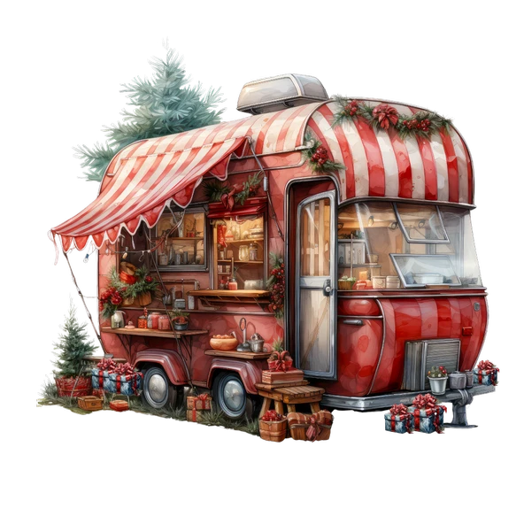 Kırmızı-Beyaz Çizgili Tenteli ve Noel Temalı Karavan Duvar Çıkartması - Resim 2