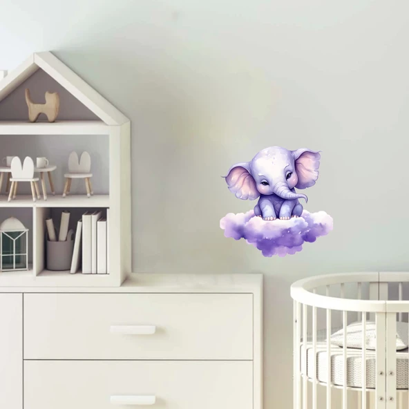 Mor Bulut Üzerinde Oturan Mor Fil Duvar Çıkartması ürün görseli 1