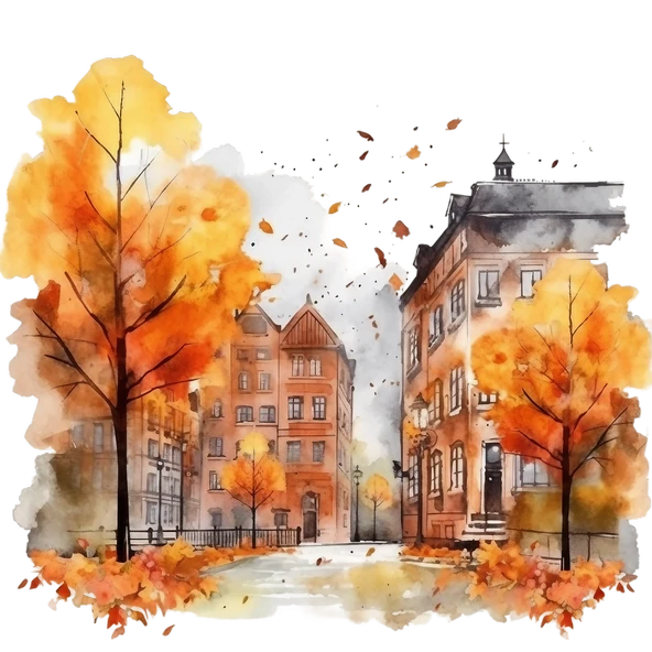 Sonbahar Ağaçları Arasında Şehir Sokağı Duvar Stickerı - Resim 2