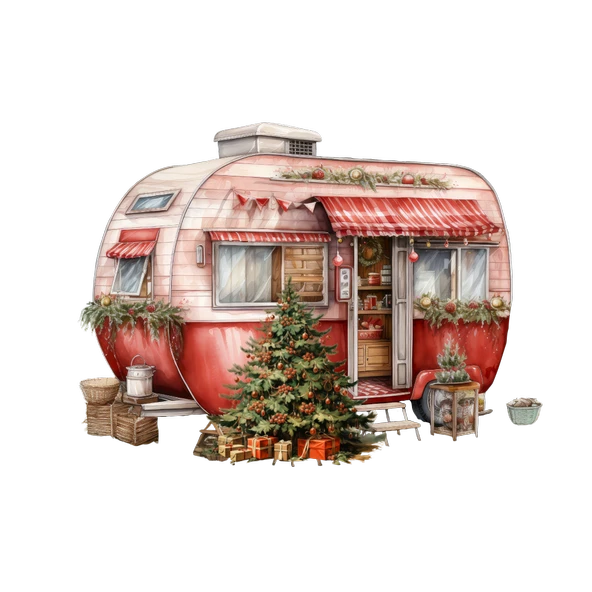 Noel Ağacı ve Hediyelerle Süslü Kırmızı Karavan Duvar Çıkartması - Resim 2