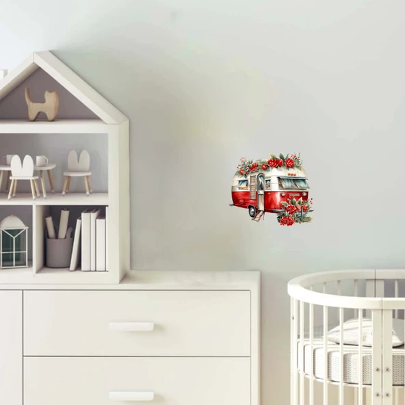 Kırmızı Gül Çelenkli Vintage Karavan Duvar Çıkartması ürün görseli 1