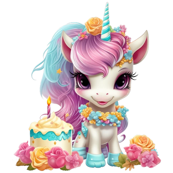 Pembe Yeleli Çiçekli ve Pastalı Unicorn Duvar Sticker'ı - Resim 2