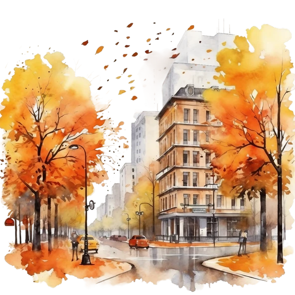 Şehir Sokağı ve Turuncu Yapraklı Ağaçlar Duvar Stickerı - Resim 2