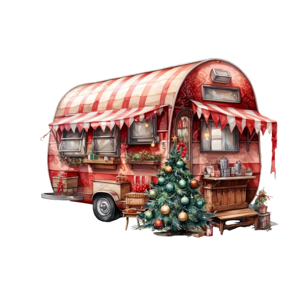 Kırmızı-Beyaz Tenteli ve Noel Ağaçlı Karavan Duvar Çıkartması - Resim 2
