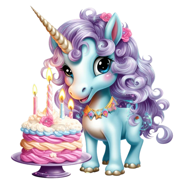 Mor Yeleli Doğum Günü Pastalı Unicorn Duvar Sticker'ı - Resim 2