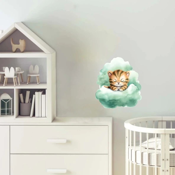 Yeşil Bulut Üzerinde Uyuyan Sevimli Kaplan Yavrusu Duvar Çıkartması ürün görseli 1