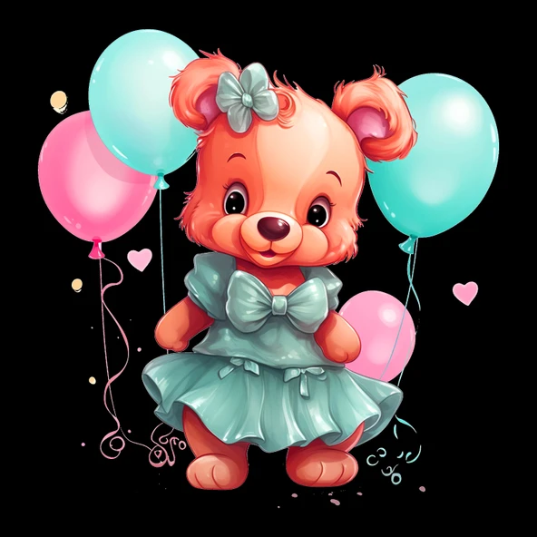 Elbiseli ve Balonlu Kız Ayıcık Duvar Stickerı - Resim 2