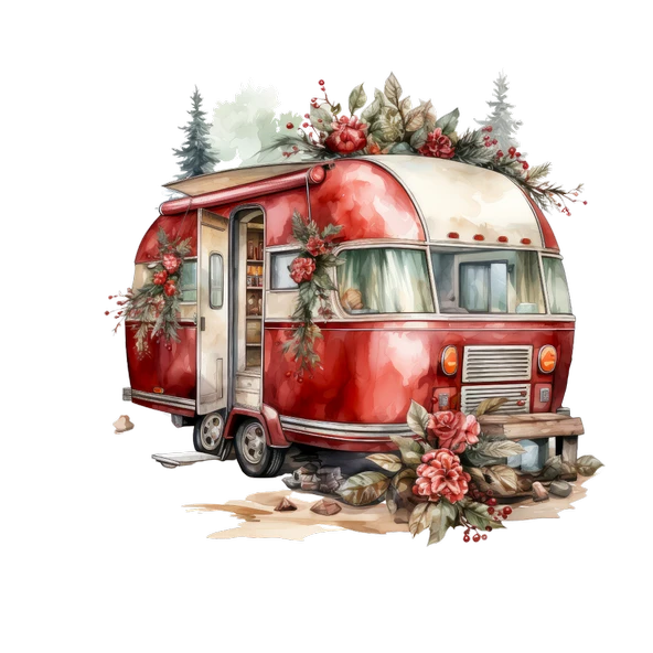 Karlı Çam Ağaçları ve Çiçekli Kırmızı Karavan Duvar Çıkartması - 2