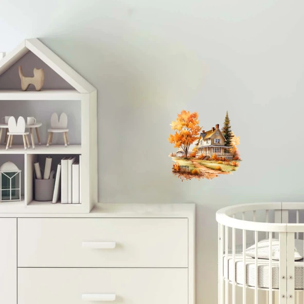 Yemyeşil ve Turuncu Ağaçlı Sonbahar Evi Duvar Stickerı ürün görseli 1