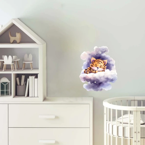 Yıldızlı Bulut Üzerinde Uyuyan Sevimli Kaplan Yavrusu Duvar Çıkartması ürün görseli 1