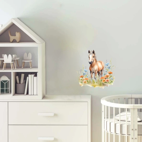 Mavi ve Turuncu Çiçekli At Yavrusu Duvar Stickerı ürün görseli 1