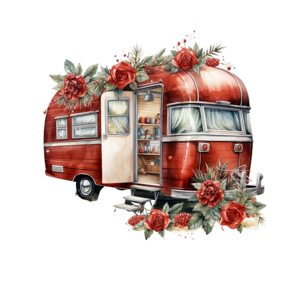 Kırmızı Güllerle Çevrili Vintage Karavan Duvar Çıkartması - 2