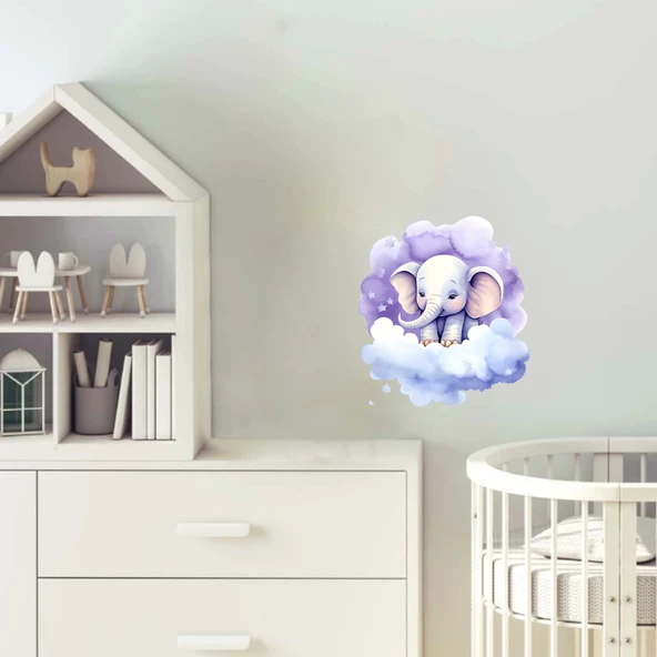 Yıldızlı Bulut Üzerinde Oturan Mor Fil Duvar Çıkartması ürün görseli 1