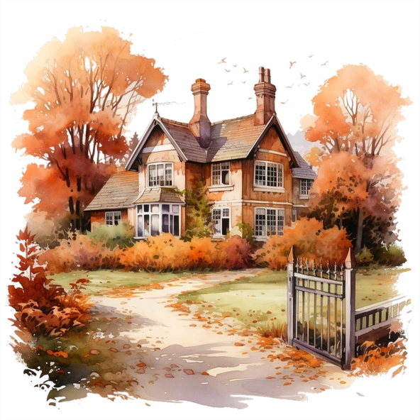 Çitli Yolu Olan Sonbahar Evi Duvar Stickerı - Resim 2