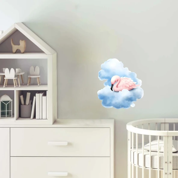 Mavi Bulutlar Arasında Uzanmış Pembe Flamingo Duvar Çıkartması ürün görseli 1