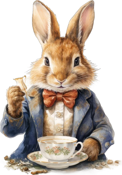 Papyonlu Tavşan ve Çay Fincanı Duvar Stickerı - Kırmızı Papyonlu - 2