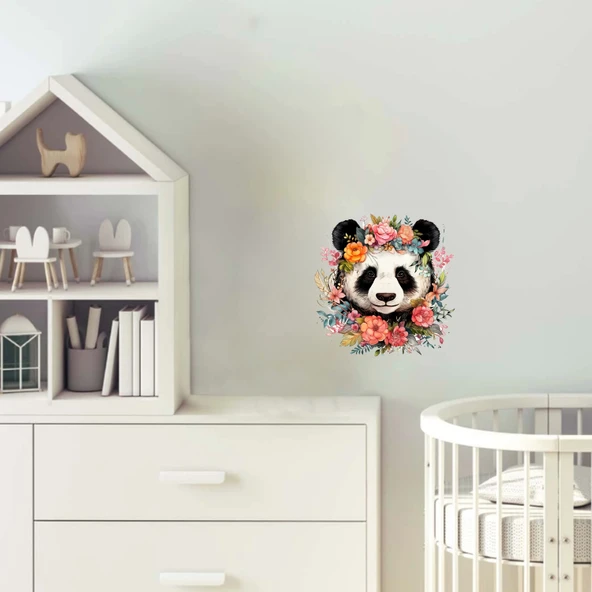 Çeşitli Çiçek Taçlı Panda Duvar Stickerı ürün görseli 1