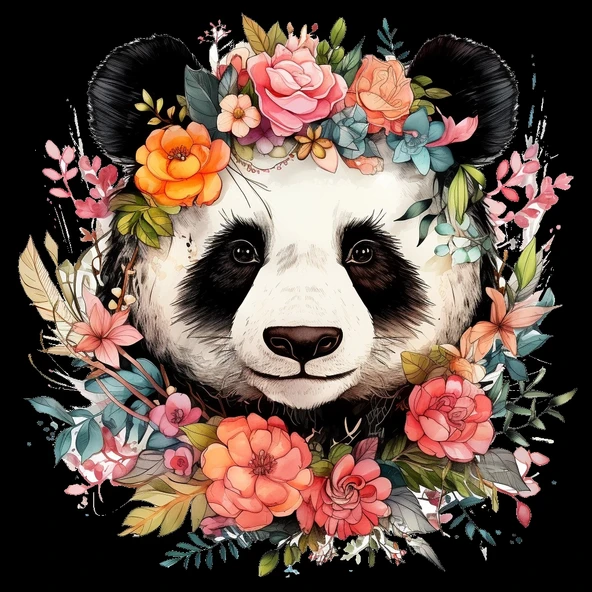 Çeşitli Çiçek Taçlı Panda Duvar Stickerı - Resim 2
