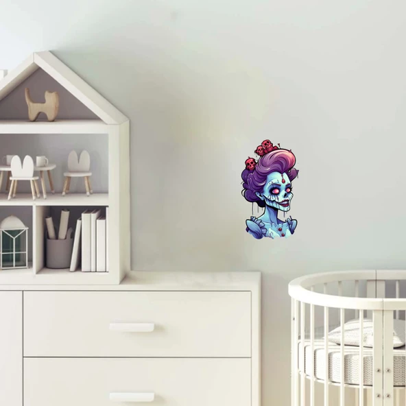 Mor Saçlı Kafataslı Zombi Kız Duvar Stickerı ürün görseli 1