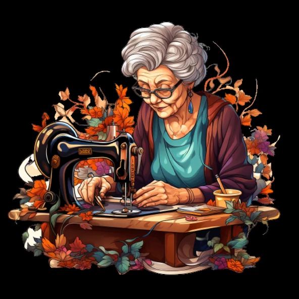 Dikiş Diken Yaşlı Kadın Duvar Stickerı - Resim 2