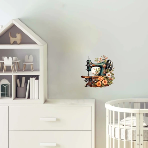 Renkli Çiçekli Dikiş Makinesi Duvar Stickerı ürün görseli 1