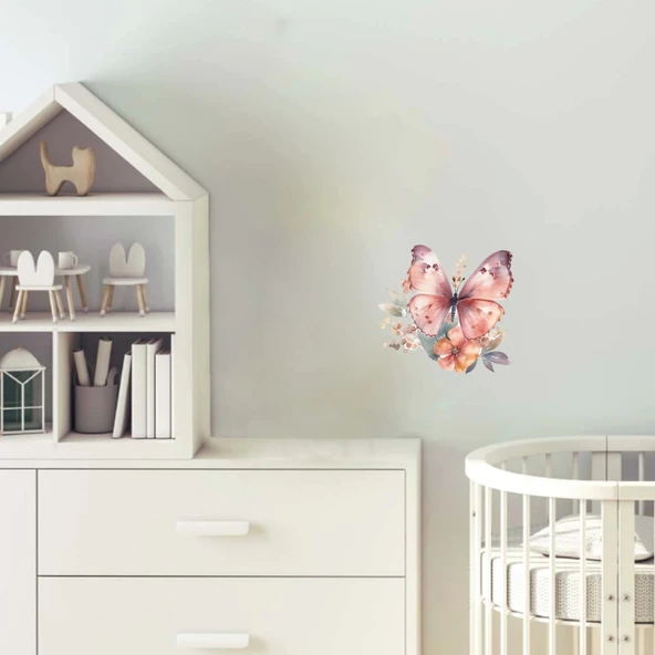 Pembe Tonlu Kelebek ve Çiçekler Duvar Stickerı ürün görseli 1