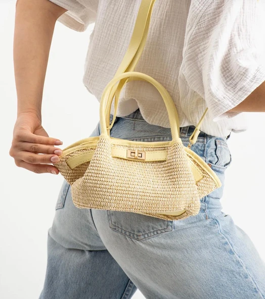 Lisbond Elegance Lucy Model Hasır Sarı Kadın El Ve Omuz Çantası
