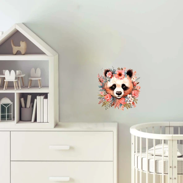 Pastel Tonlarında Çiçek Taçlı Panda Duvar Stickerı ürün görseli 1