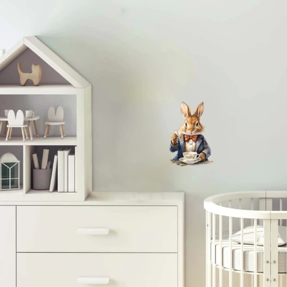 Papyonlu Tavşan ve Çay Fincanı Duvar Stickerı - Kırmızı Papyonlu