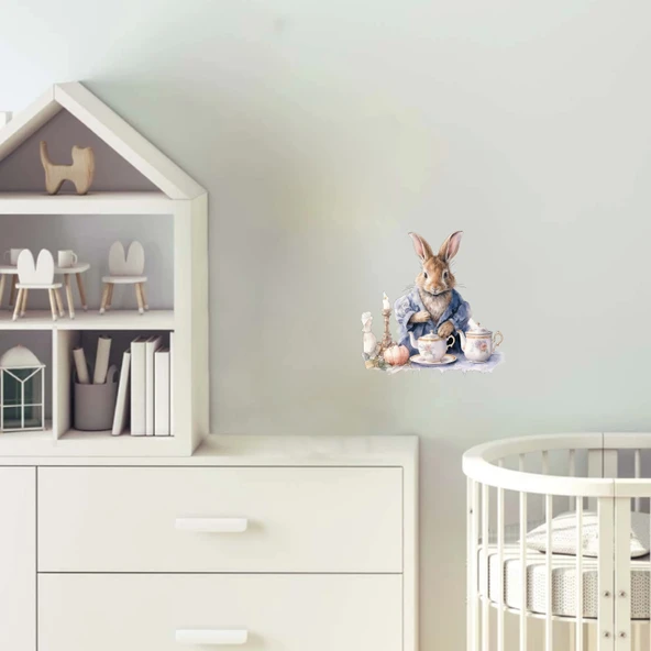 Çay Saatinde Tavşan Duvar Stickerı - Mavi Ceketli, Şamdanlı