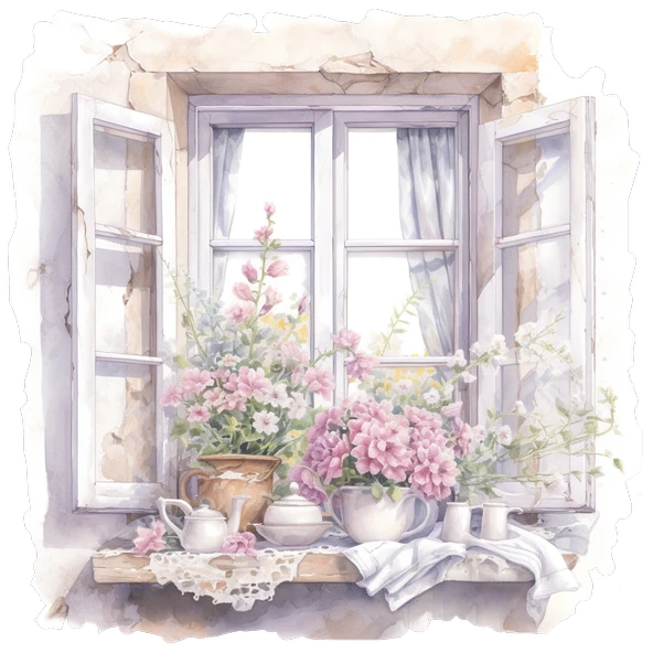 Açık Pencere ve Pembe Çiçekler Duvar Stickerı - Resim 2