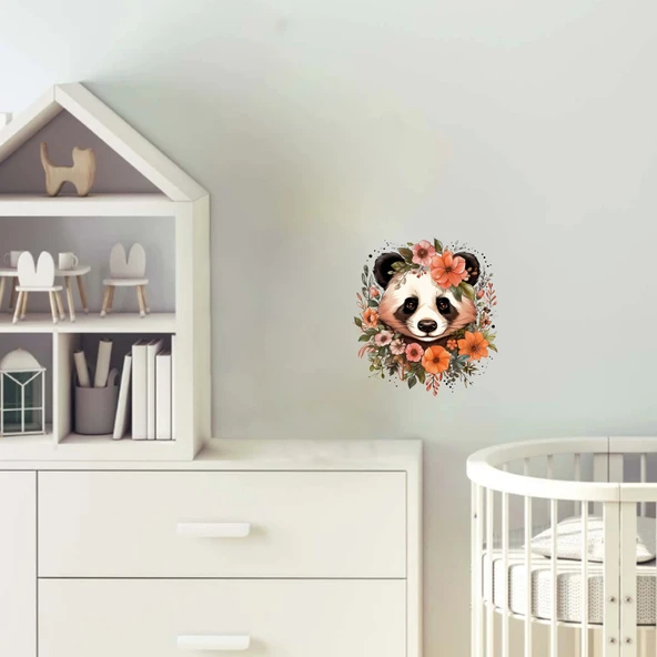 Turuncu Çiçekli Panda Kafası Duvar Stickerı - 1