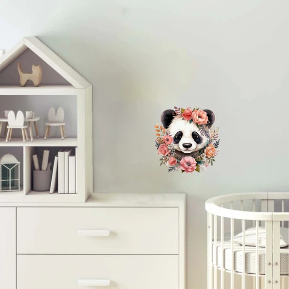 Pembe ve Krem Rengi Çiçek Taçlı Panda Duvar Stickerı ürün görseli 1