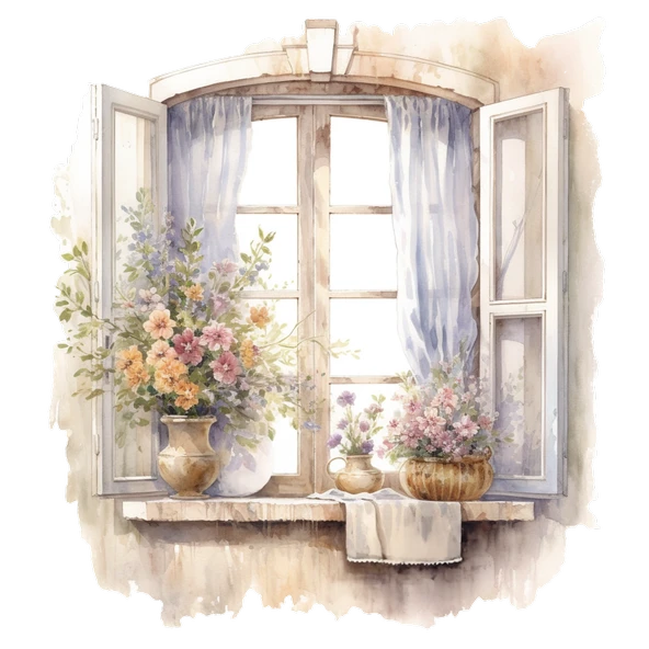 Çiçekli Vazo ve Perde Detaylı Pencere Duvar Stickerı - Resim 2