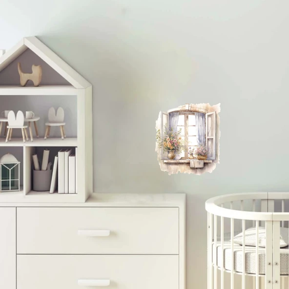 Çiçekli Vazo ve Perde Detaylı Pencere Duvar Stickerı ürün görseli