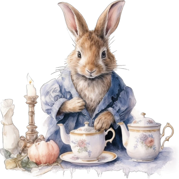 Çay Saatinde Tavşan Duvar Stickerı - Mavi Ceketli, Şamdanlı - 2