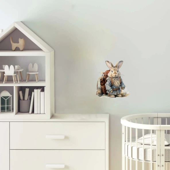 Mavi Kıyafetli ve Çantalı Tavşan Duvar Stickerı ürün görseli 1