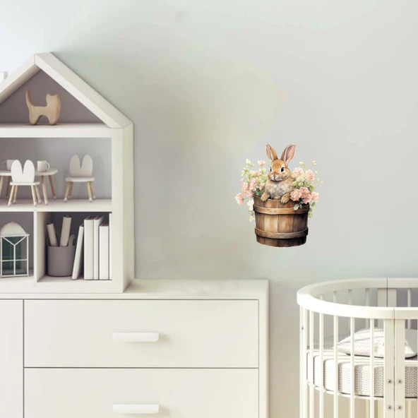 Pembe Çiçekli Kovada Tavşan Duvar Stickerı ürün görseli 1