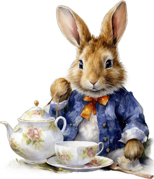 Çay Demliği ve Fincanlı Tavşan Duvar Stickerı - Mavi Ceketli - 2