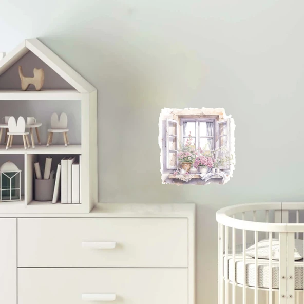 Açık Pencere ve Pembe Çiçekler Duvar Stickerı ürün görseli 1