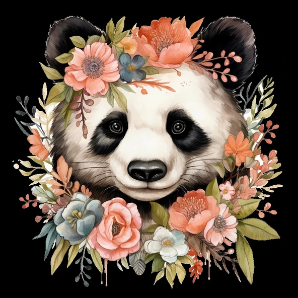 Şeftali ve Mavi Tonlarında Çiçek Taçlı Panda Duvar Stickerı - Resim 2