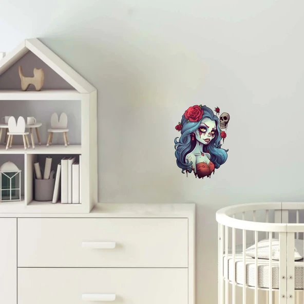 Kızıl Güllü ve Kafataslı Zombi Kız Duvar Stickerı ürün görseli 1