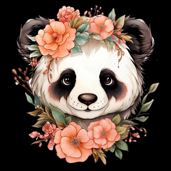 Turuncu Çiçek Taçlı Panda Duvar Stickerı - 2