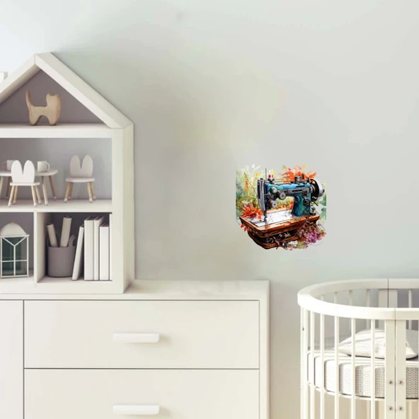 Mavi Dikiş Makinesi ve Sonbahar Çiçekleri Duvar Stickerı ürün görseli 1