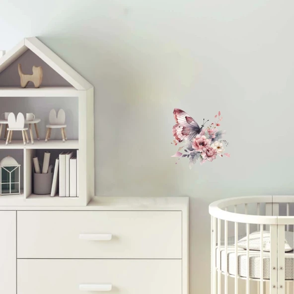 Soluk Pembe Kelebek ve Çiçekler Duvar Stickerı ürün görseli 1