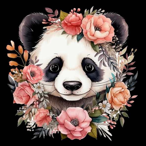 Pembe ve Krem Rengi Çiçek Taçlı Panda Duvar Stickerı - Resim 2
